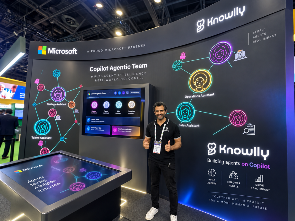 Amr ElSehemy at the Knowlly booth at GITEX, showcasing a Copilot agentic team solution as a Microsoft partner
